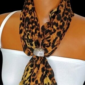 Patricia Nash Fringed Leopard Woman Neck Scarf Silver Scarf Ring Western Coastal